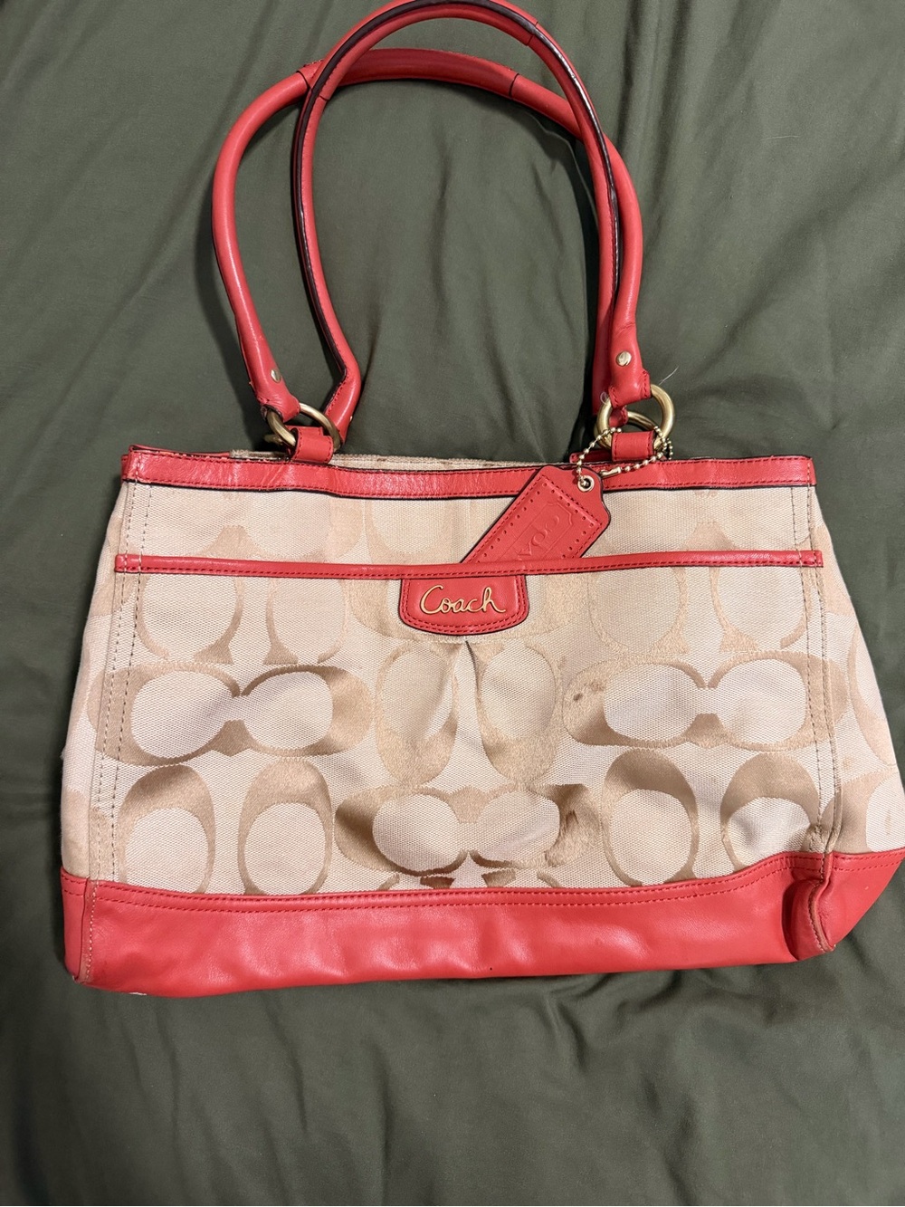 Coach Beige Signature Canvas Shoulder Bag with Red Trim